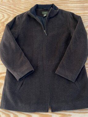 LL Bean brown wool blend fleece mid length jacket womens L/XL